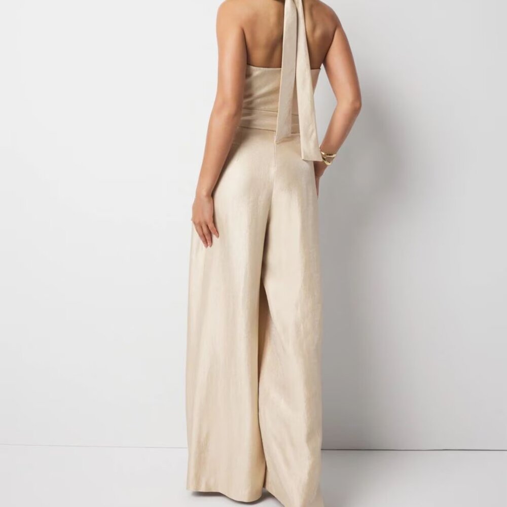 White House Black Market Champagne Halter-Belted Wide-Leg Jumpsuit - Picture 3 of 5